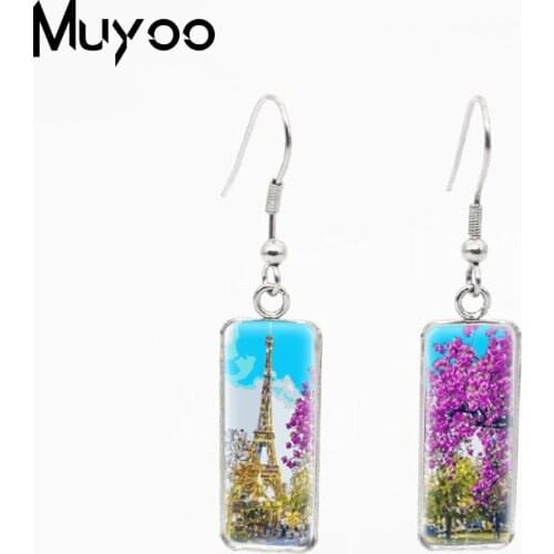 New Fashion Famous City Landscape Eiffel Tower Paris London Scenery Drawing Handcraft Jewelry Rectangle Fish Hook Earrings