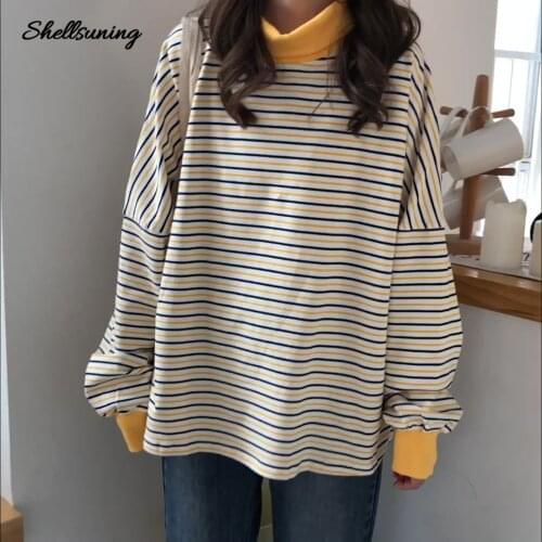 Shellsuning High Collar Stripes Sweatshirt Winter Womens Full Sleeve Harajuku Pullovers Ladies All-match Vintage Streetwear