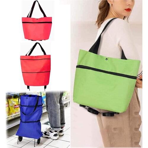 2 in 1 Foldable Shopping Cart Multifunction Oxford Telescopic Storage Bag Portable Foldable Shopping Cart Trolley Tote Bag