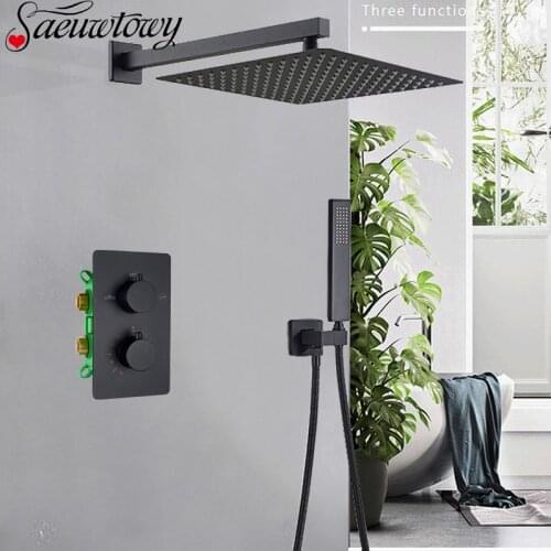 Thermostatic Shower Faucet Matte Black Wall Mounted Bathroom Rainfall Shower Column Dual Handle Concealed Shower Mixer Tap
