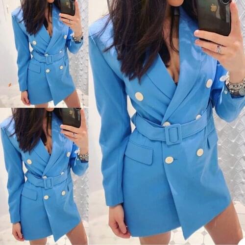 Classic Blue Women Blazer Custom Made Casual Double Breasted Jacket With Belt 1 Piece High Quality Party Office Lady Coat