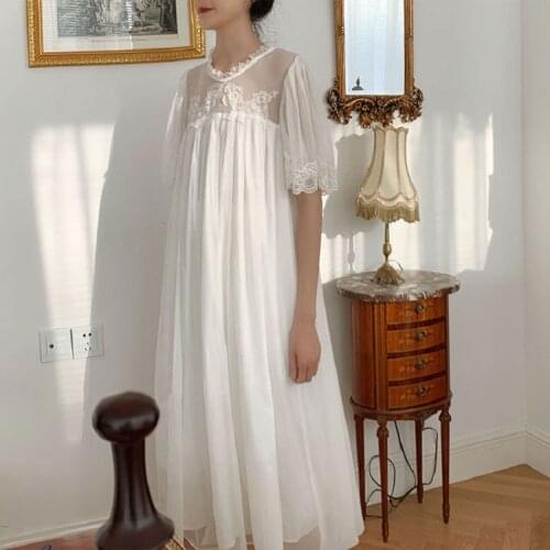 Soft Gauze Modal Womens Nightgowns White Lace Gauze Long Sleepwear Elegant Female Vintage Princess Night Dress