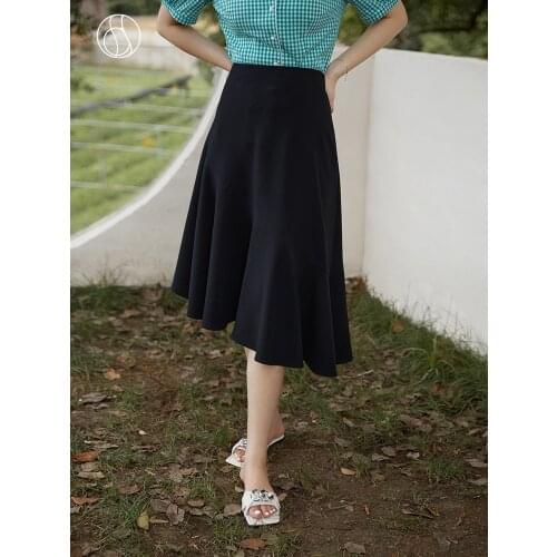 DUSHU Office Lady Womens Acetate Satin Casual Retro Asymmetrical Skirt 2021 Summer High Waist Black Skirt For Women