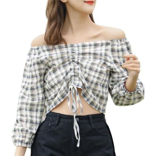 Women Stylish Summer Thin Plaid Off Shoulder Long Sleeve Drawstring Leisure Chiffon Tube Top Blouse Shirt