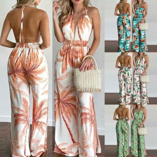 2021 Women Summer Tropical Print Halter V Neck Wide Leg Jumpsuits Backless Sexy Casual Beachwear Vacation Sleeveless Jumpsuits