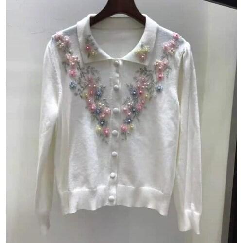 New Arrival Cardigans 2021 Autumn Fashion Style Women Hand Made Beading Floral Embroidery Long Sleeve Casual White Tops Coat