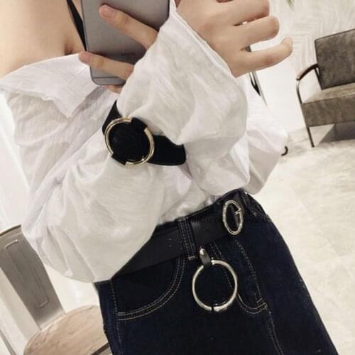 Women Girls Faux Leather Circle Decor Pin Buckle Pants Waist Belt Circle Buckle Belt Personality Cool Fashion Casual Waistband