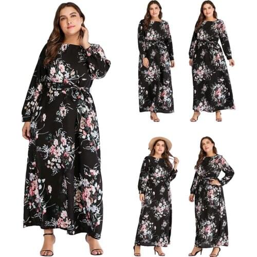 New Women Muslim Floral Print Long Sleeve Dress Evening Party Casual Maxi Dresses Abaya Islamic Clothing Loose Black Plus Size
