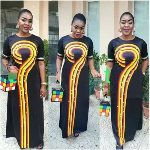H&D African Women Clothing Plus Size Maxi Dresses Short Sleeve Shiny Dress Cotton Long Dress with Headtie Vintage Robe Vestidos
