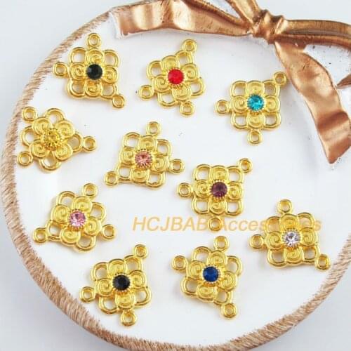 10 New Heart Flower Charms Gold Color Retro Mixed Crystal Connectors 17x20.5mm