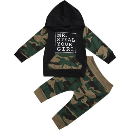 Pudcoco 2 Piece Baby Top Pants Suit Camouflage Letter Printed Full Length Regular Sleeve Hooded Collar Pullover Sets