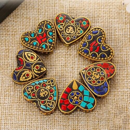 2pcs Handmade Nepal Brass Beads Om Tibetan Necklace Buddhist Earring Pendant Jewelry Accessories Boho Heart Shaped Indian Beads