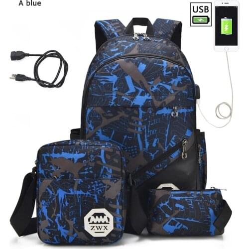 3 pcs /set USB Male backpack high school bags for women travel men school backpacks boys one student shoulder bag sac mochila