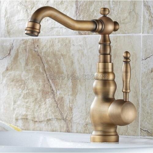 Antique Brass Swivel Spout Bathroom Basin Faucet Single Hole Deck Mounted Single Handle Vessel Sink Mixer Taps Wnf258