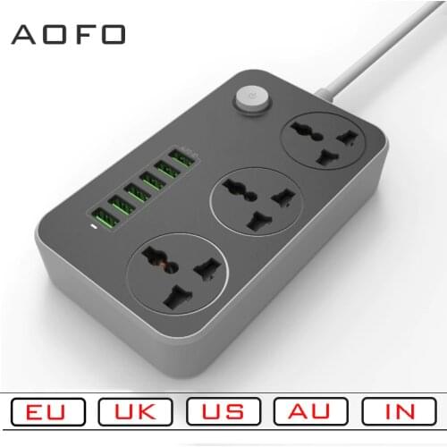 Power Strip with 3 socket and 6 USB Ports Universal EU AU US UK IN Plug Socket Surge Protector Charging Station 6.5ftPower Cord