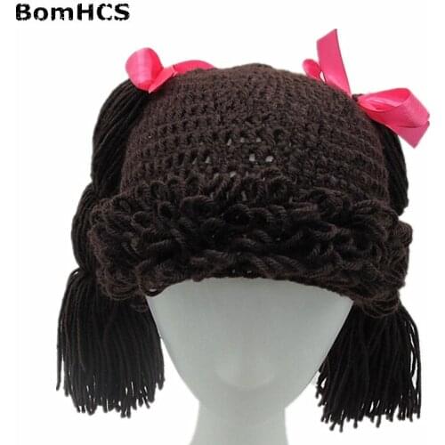 BomHCS Cute Pigtail Wig Beanie Womens Girls Braid Hat 100% Handmade Knitted Winter Gift