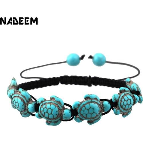 NADEEM Men Womens Handmade Adjustable Sea Turtle Charm Bracelet Green Howlite Stone Turtle Braiding Macrame Bracelet Jewelry