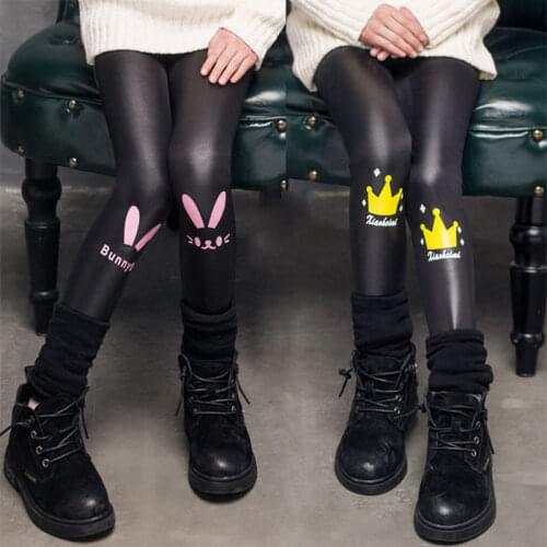 Children Leggings Faux PU Leather For Girls Cute Bunny Pattern Velvet Warm Pencil Pants 3-14T Kids Clothing Sport Trousers