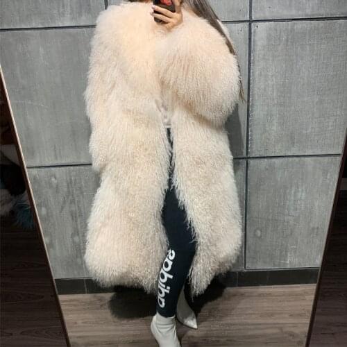 Long Mongolia Sheep Fur Coat Ladies Real Lamb fur Outwear Women Natural Fur Jacket