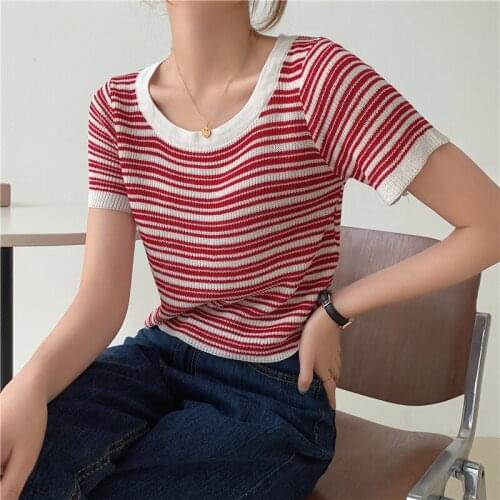 O-neck Stripe Knitted Short Seeve T-shirt Women Fashion Short Tops Female Summer Casual Basic T-shirts Korean Streetwear Clothin