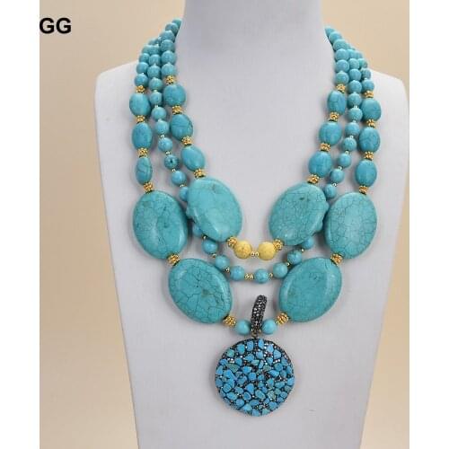 GuaiGuai Jewelry 18'' Turquoise Chips Pendant 3Rows Gold Color Plated Round Oval Blue Turquoise Necklace
