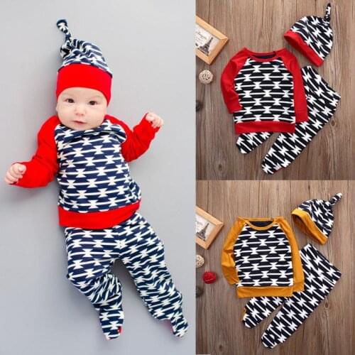 Newborn Baby Toddler Sets Casual Outfit Clothes O-Neck Long-sleeved Tops+ Pants+Hats 3Pcs Set Baby Clothes For Boys And Girls