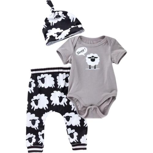 Fashion Summer Boys Clothes Sport Suit Set Fashion Casual Short Sleeve Cartoon sheep Romper Pants Hats Set Costume