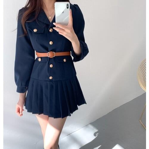 WTIANYUW New 2021 Autumn Winter Women Dresses Vintage Buttons With Belt Korean Style Elegant Pleated Lady Mini Dress