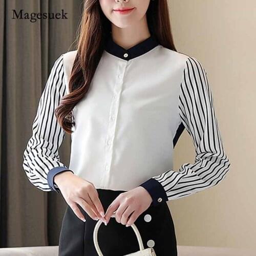 2020 Autumn New Office Lady Long-Sleeve Stand-up Collar Shirt Women Plus Size Chiffon Ladies Tops Korean Striped Blouse 10751
