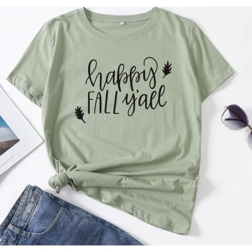 Happy Fall Yall Autumn Leaves Woman T-Shirt Short Sleeve T-Shirts Summer Tops for Women Cotton Graphic Tee Shirt Femme Clothes