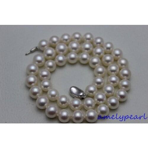 High quality round white freshwater pearl necklace 9-10mm17INCH "handmade" Alloy