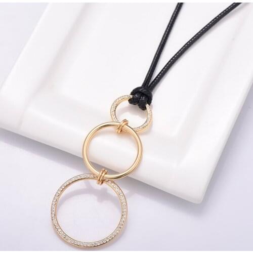 3 Circles Crystal Pendant Necklace For Women Black PU Leather Chain Long Necklace Punk Simple Sweater Jewelry Gift 2019 Dropship