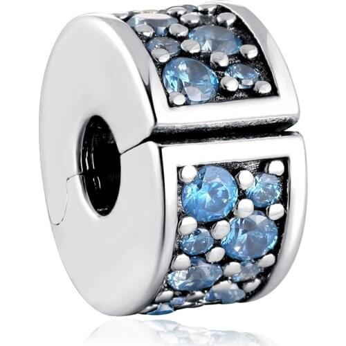 S925 DIY Jewelry Shining Elegance Clips Stoppers Charm fit Lady Bracelet Bangle Teal CZ