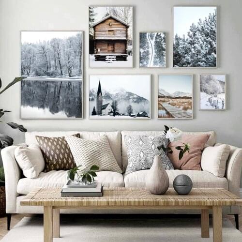 Snow Scene Forest Tree House Lake Bridge Wall Art Canvas Painting Nordic Posters And Prints Wall Pictures For Living Room Decor