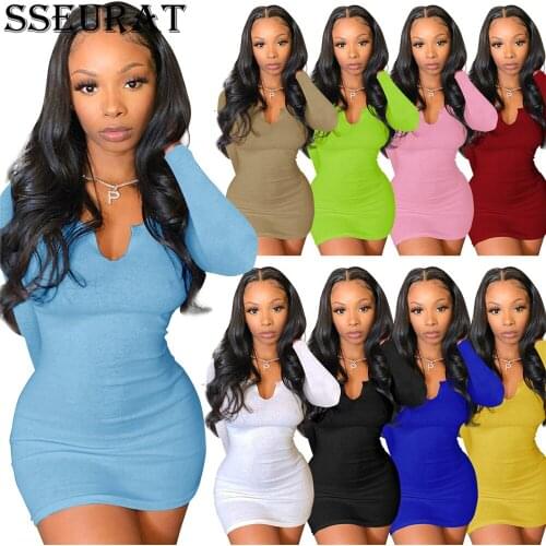 SSEURAT Womens Bandage Bodycon Dress Full Sleeve Slim Fit Dress Casual Solid Party Club Dress
