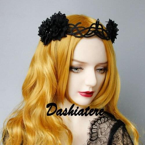 Black Crown Tiara Wedding Bride Queen Headdress Vintage Flower Headband Women Goth Forehead Jewelry Princess Hair Accessories