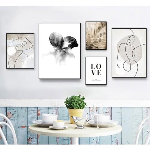 Nordic Vintage Poster Banana Leaf Plant Kiss Abstract line Wall Art Print Canvas Painting Wall Pictures For Living Room Decor