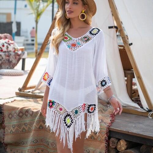 CROCHET BIKINI White Bikini Cover Up With Fringe Trim Women Sexy Hollow Tunic Beach Dress 2021 Summer Bathing Suit Beachwear