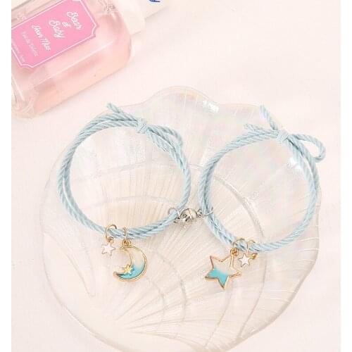 2Pcs Cute Star Moon Pendant Bracelets Magnet Attract Women Elastic Rope Chain On Hand Jewelry for Friends 2021 New Hair Band