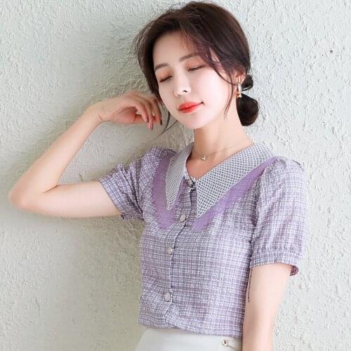 Purple Plaid Korean Fashion Summer WomenS Clothing Short Sleeve Vintage Shirts Blouses Top New Vetement Femme 2021 Female
