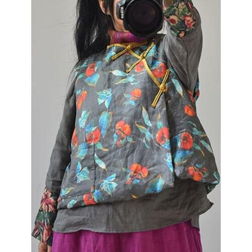 FairyNatural Ladies Retro V-Neck Print Floral Cotton Linen Coats Sleeveless High Quality Ladies 2021 Spring Vests