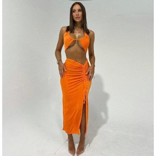 Sexy Backless Halter Crop Top Women And Ruched Midi Skirts Wrap Drawstring Bodycon Matching Set Party Club Outfit 2 Piece Set