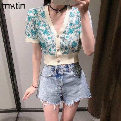 MXTIN 2021 Women Summer Vintage Jacquard Cardigan Knitted Sweater Fashion V-Neck Short Sleeve Single Breasted Female Chic Tops