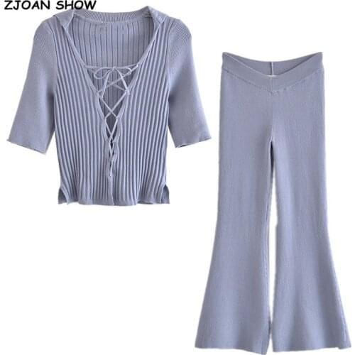 Women Total Knit 2 pieces Set Retro Solid Color Cross Lacing up Bandage Cardigan Korea Clothes Vintage Knit Skinny Flare Pants