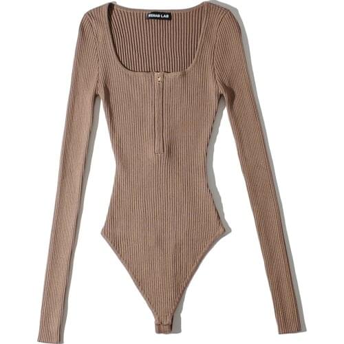 Summer outfits for women 2021 sexy bodysuit streetwear long sleeve square neck bodycon bodysuit zipper up body suits black