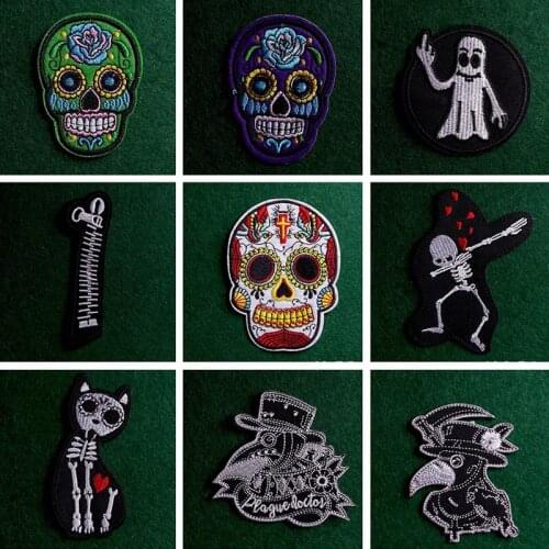 2Pcs/Lot Skull Patch Plague Doctor Embroidered Patches On Clothes Iron On Patches For Clothes Diy Punk Badges Stripes For Jacket