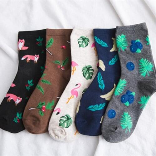 5 Pairs Girls Fox Plant Fruit Flamingo Printed Cotton Ankle Socks Crew Sock Women Warm Winter Floral Embroidered Ankle Socks