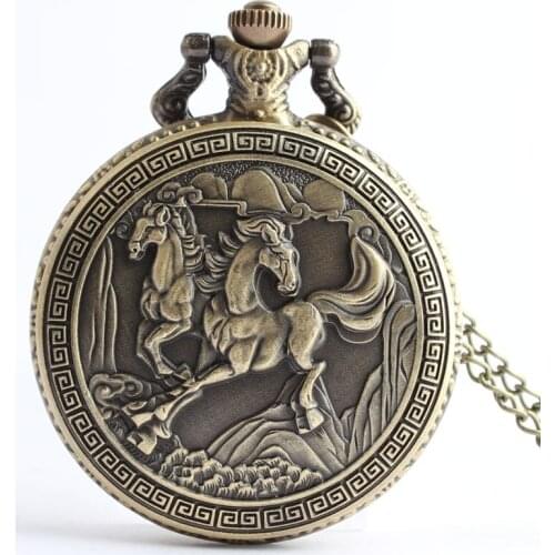 50pcs/lot Vingtage Bronze Horse Quartz Pocket Watches with Chain New Arrival Fashion Pendant Gift Watch