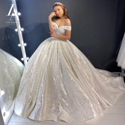 Shiny Beaded Wedding Dresses 2021 Off Shoulder Ball Gown Bridal Princess Vestido De Novia LelaAcra LI40 Plus Size Party Dress