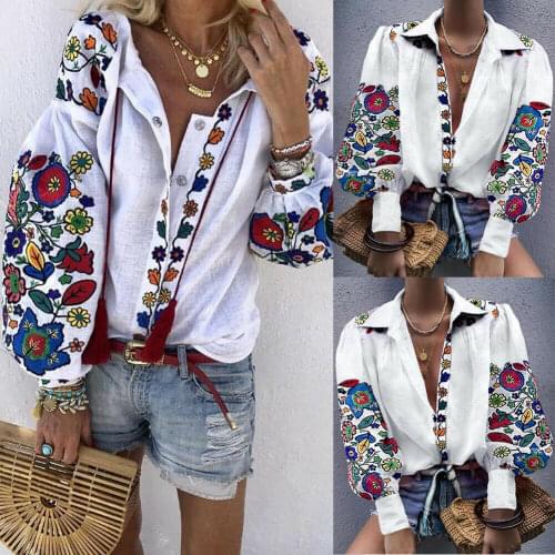 Plus Size Womens 2019 Autumn New Floral Print V Neck Long Sleeve Tops Blouse Female Shirts Boho Flower Long Sleeve Loose Shirts